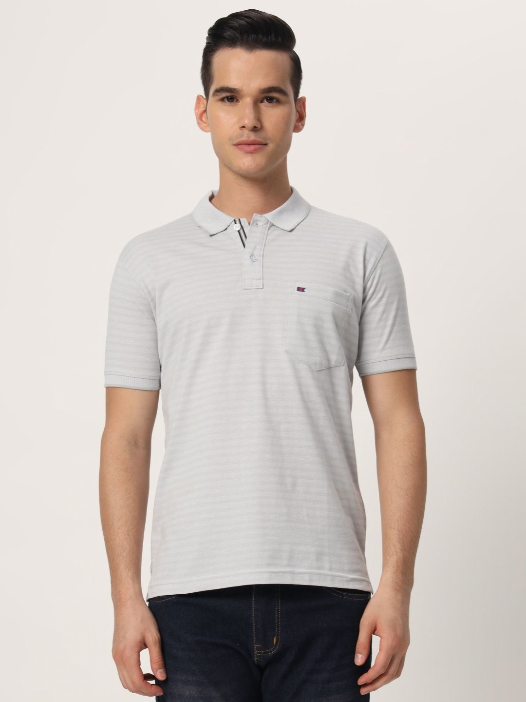 

TAB91 Men Striped Polo Collar Cotton T-shirt, Grey