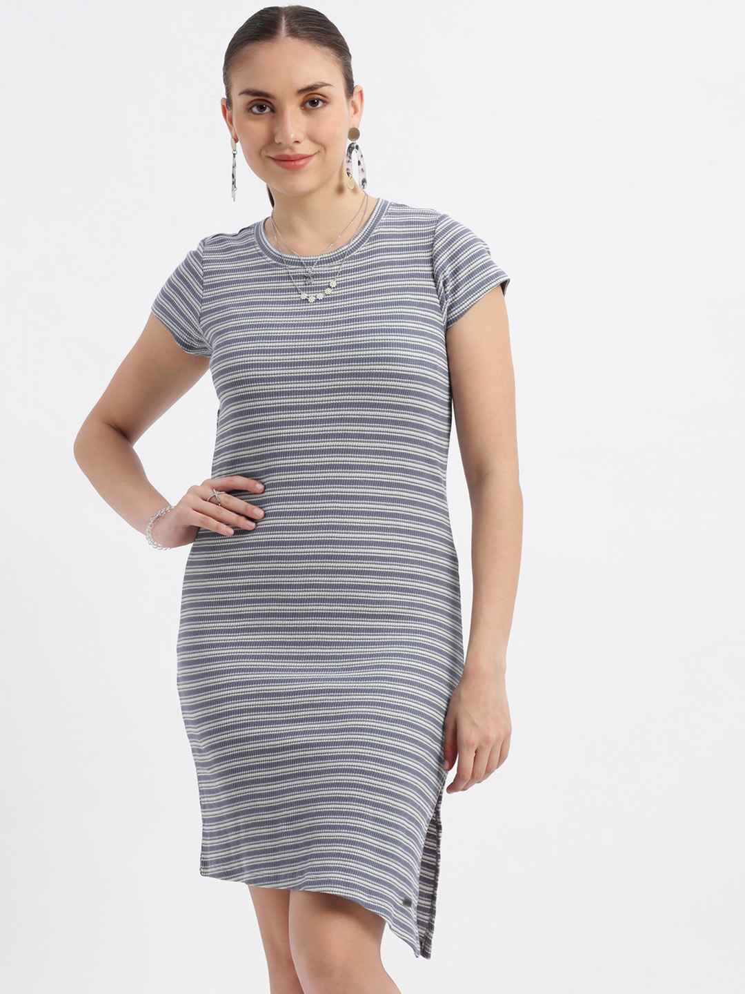 

Grit and Flair Women Striped T-shirt Dress, Blue