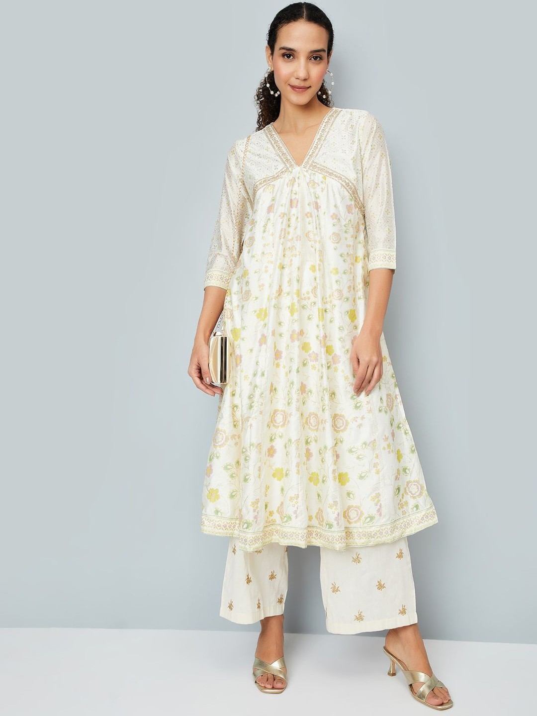 

max Floral Printed V-Neck Three-Quarter Sleeves Regular Empire Thread Work Anarkali Kurta, Off white