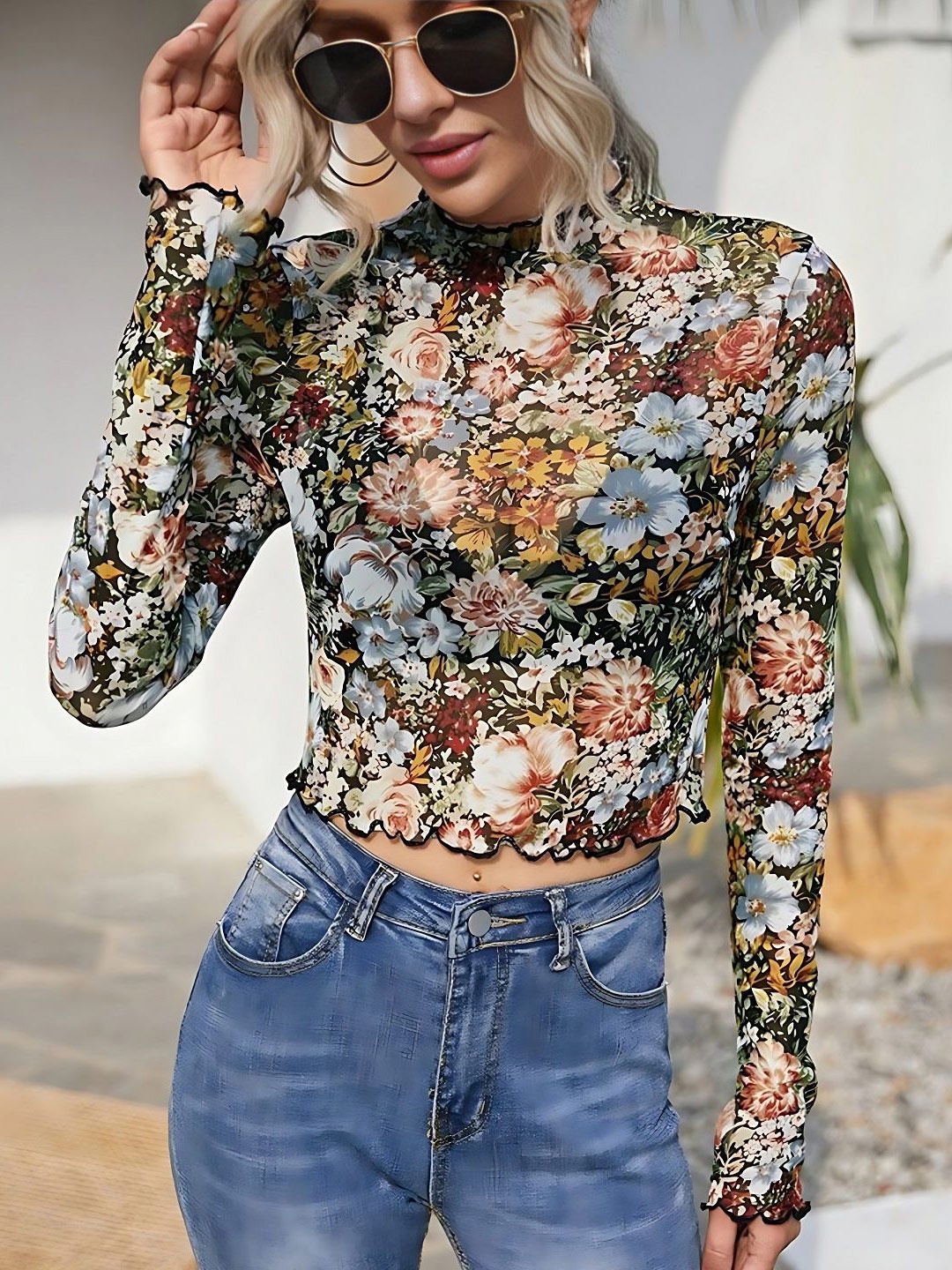 

Roadster Women Floral Printed High Neck Long Sleeves Crop Top, Multi