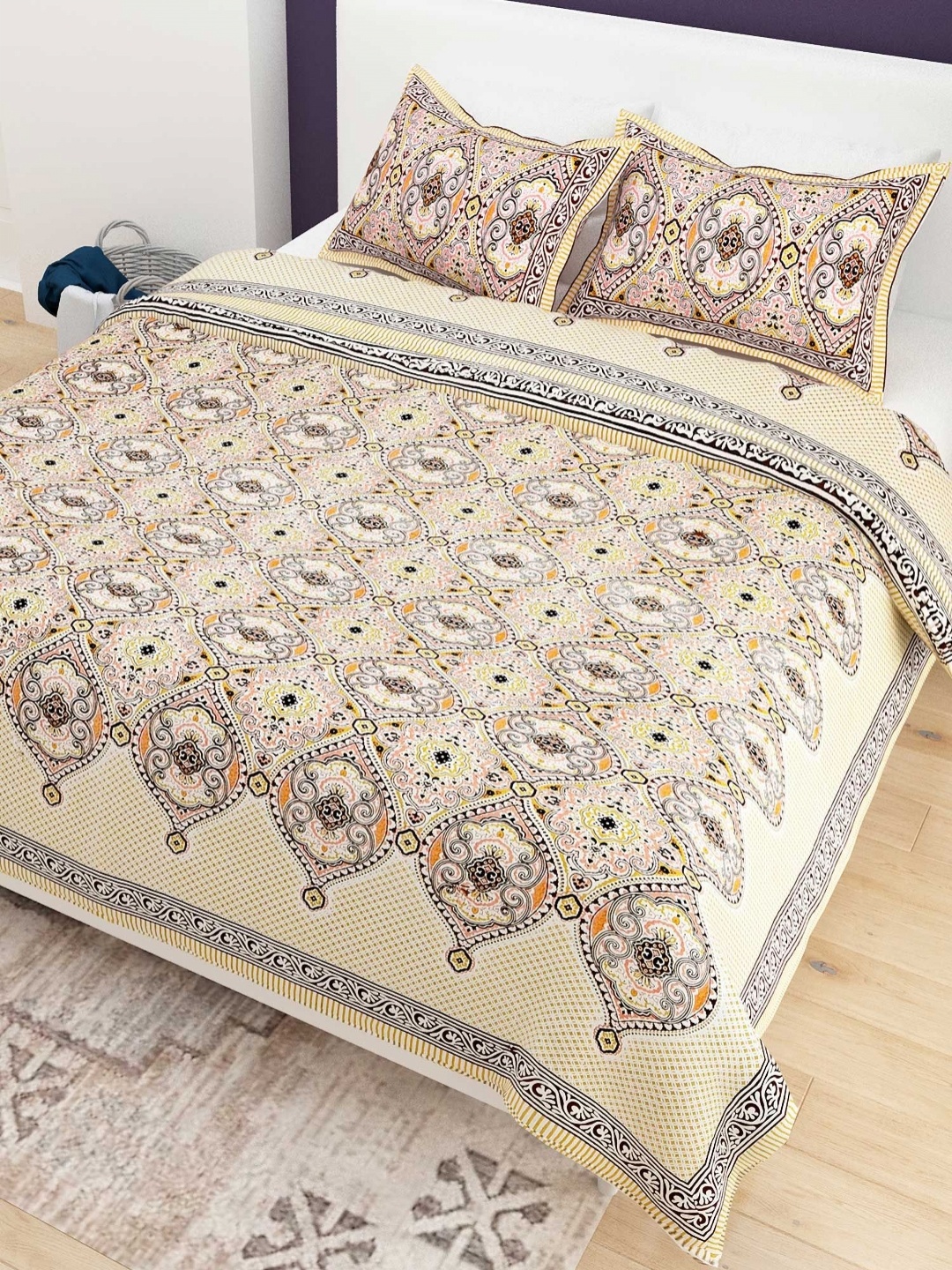 

Adwitiya Beige & Pink Ethnic Motifs 200 TC Pure Cotton Double King Bedsheet Set 2.28 m x 2.74 m