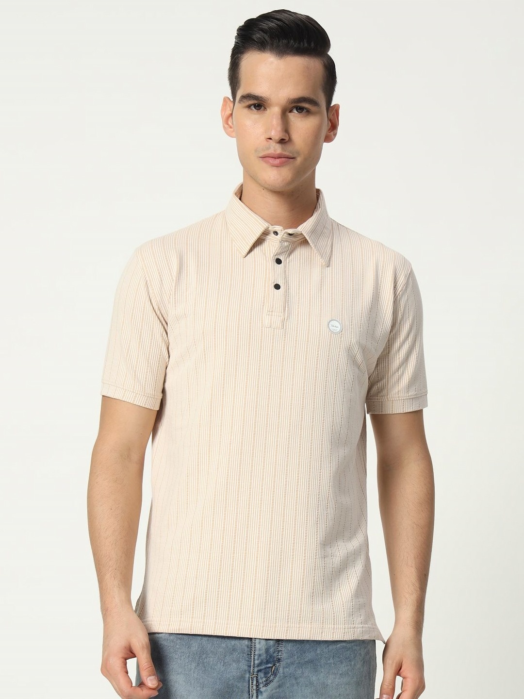 

TAB91 Men Striped Polo Collar Cotton T-shirt, Beige