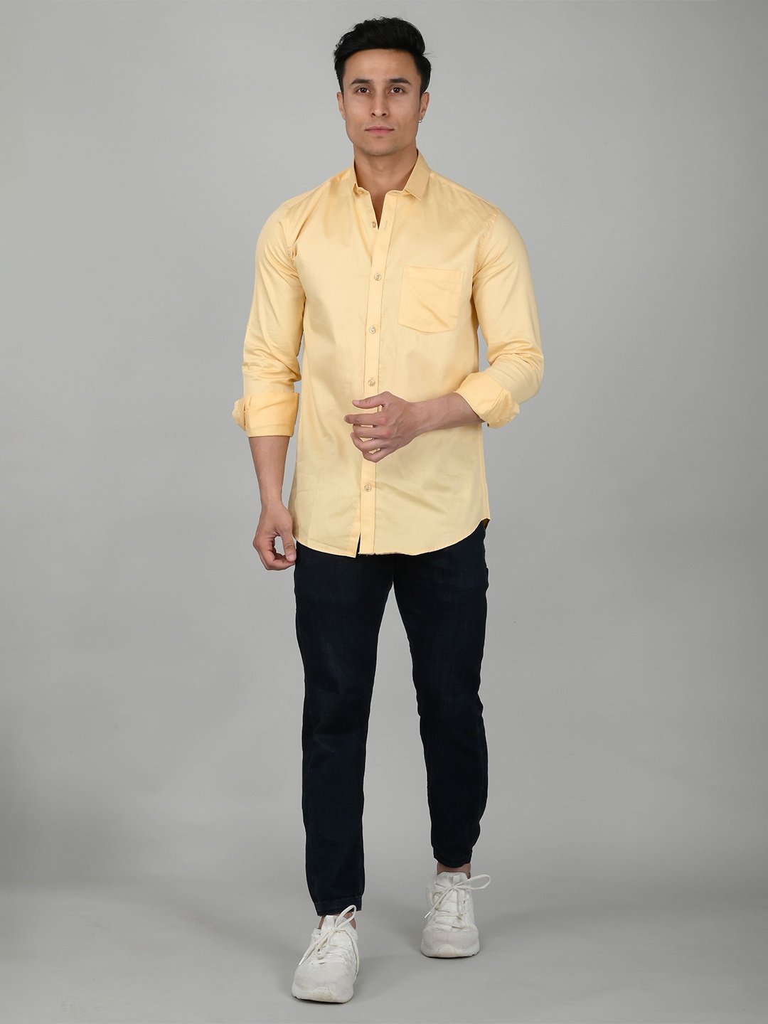 

Tanip Men Spread Collar Solid Cotton Casual Shirt, Yellow