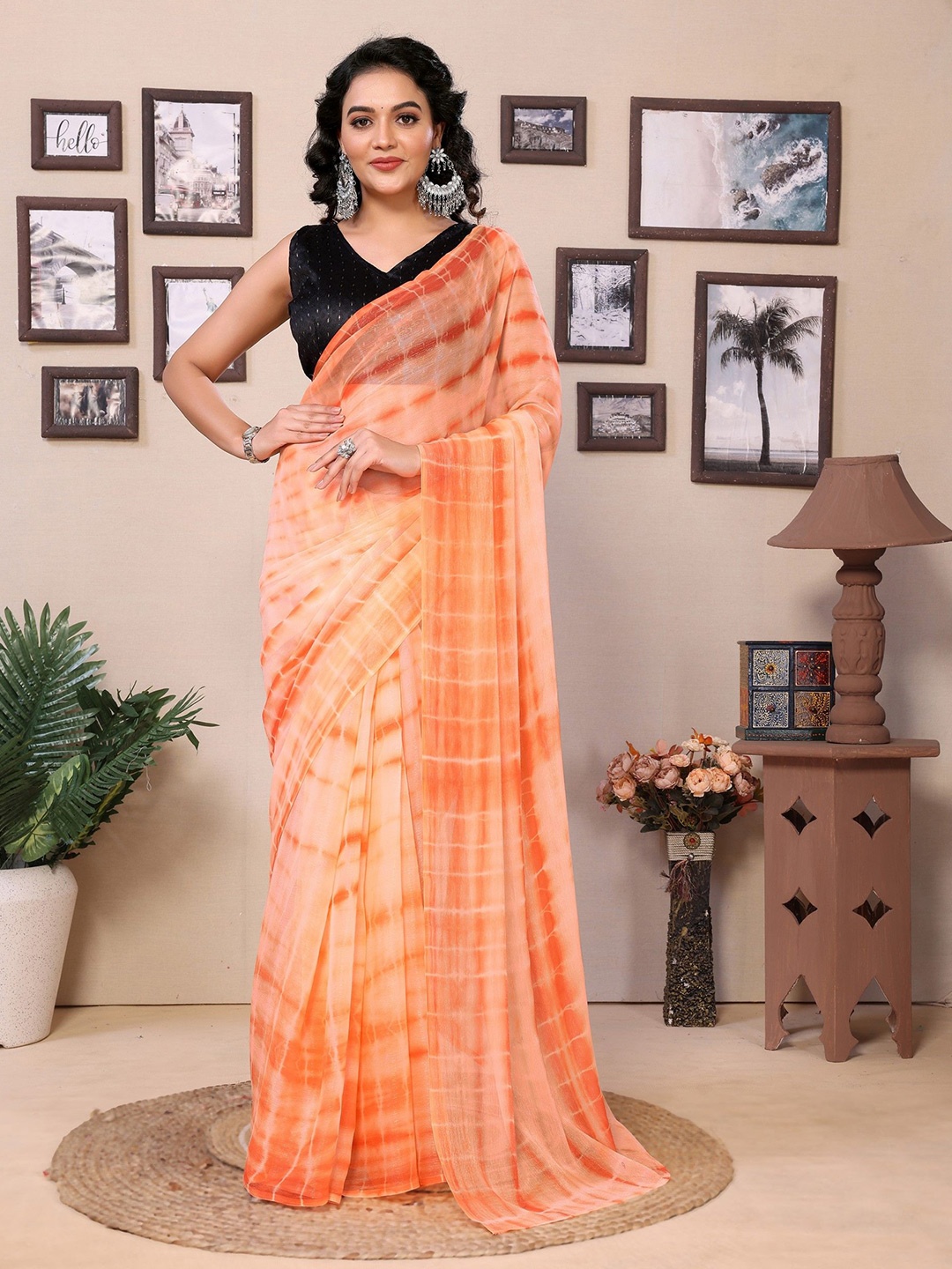 

LeeliPeeri Designer Tie and Dye Pure Georgette Ready To Wear Saree, Orange