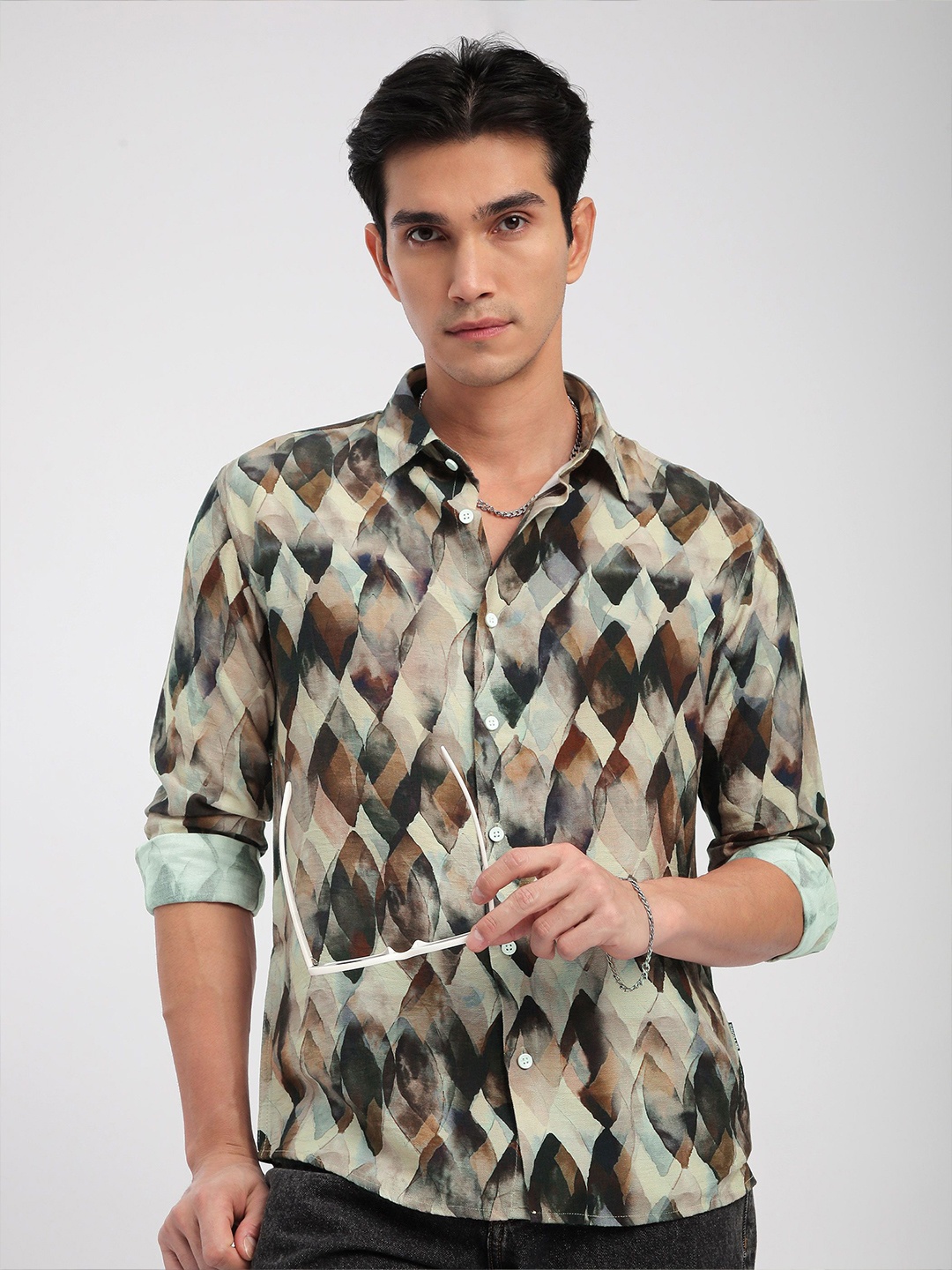 

Beyoung Men Spread Collar Abstract Printed Cotton Relaxed Fit Casual Shirt, Beige