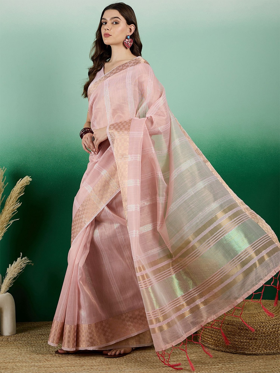 

Mitera Woven Design Zari Organza Saree, Pink