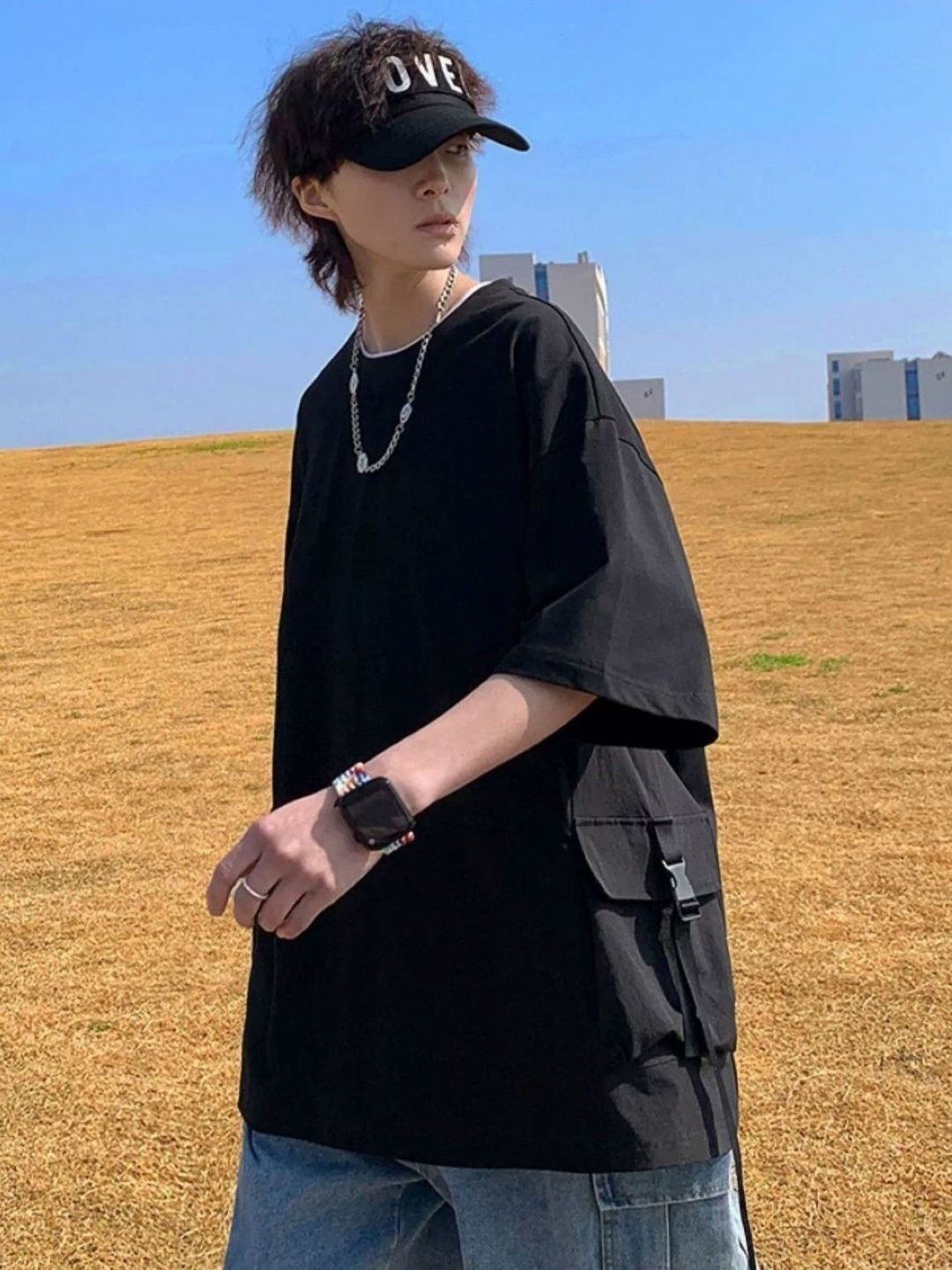 

HERE&NOW Men Solid Round Neck Cotton Oversized T-shirt, Black