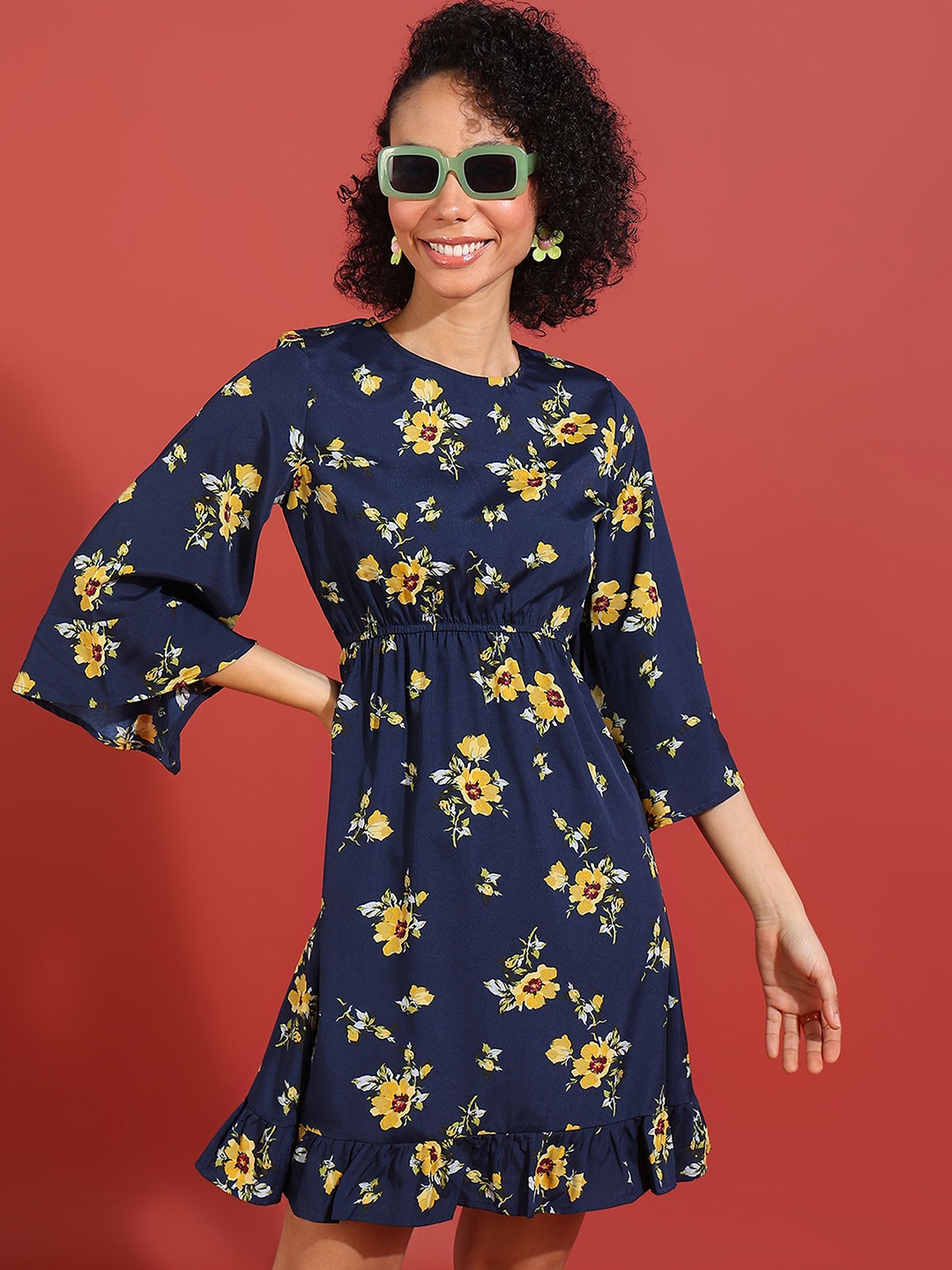 

DressBerry Floral Printed Fit & Flare Mini Dress, Navy blue