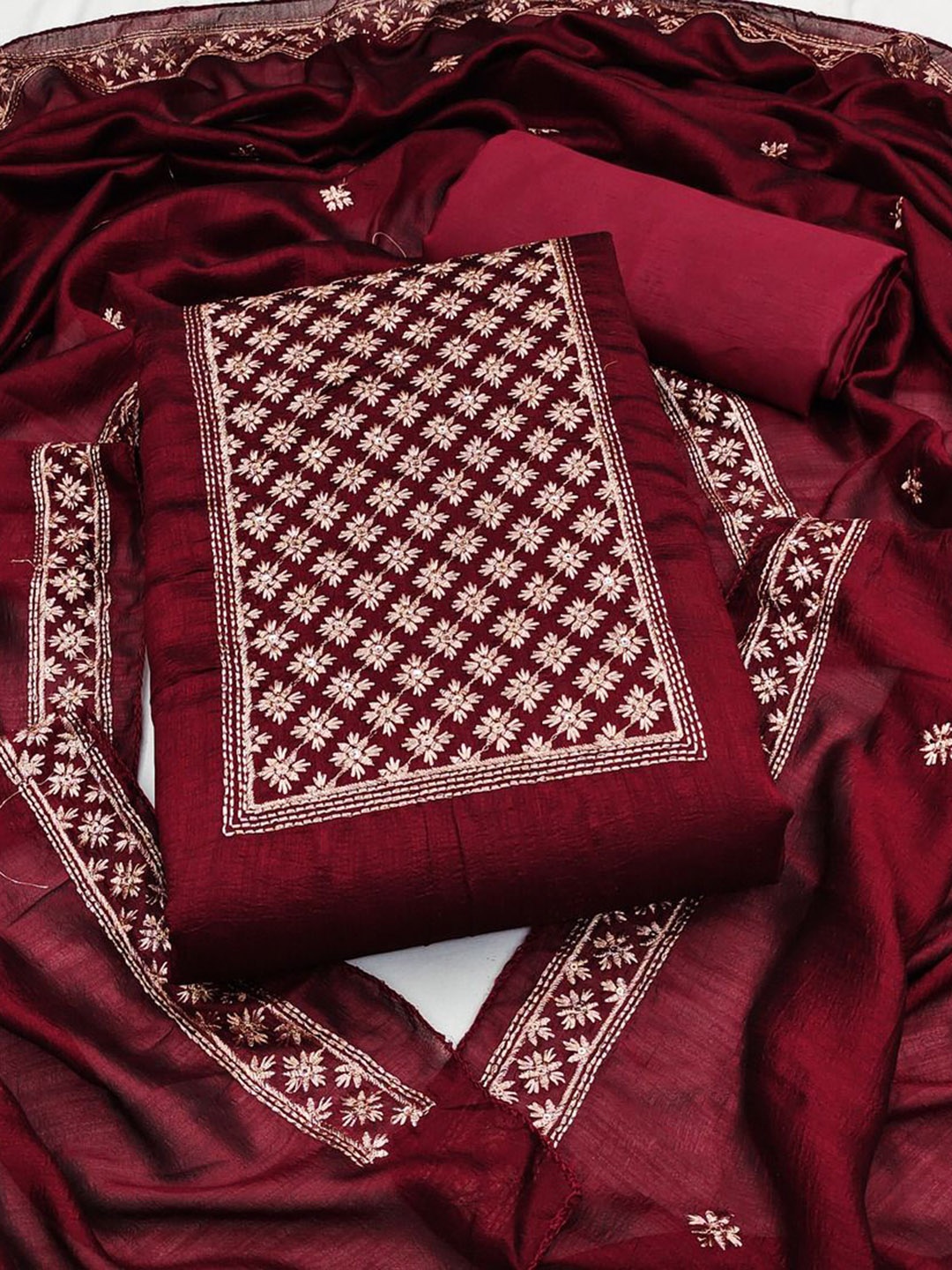 

JULEE Floral Embroidered Sequinned Pure Silk Unstitched Dress Material, Maroon