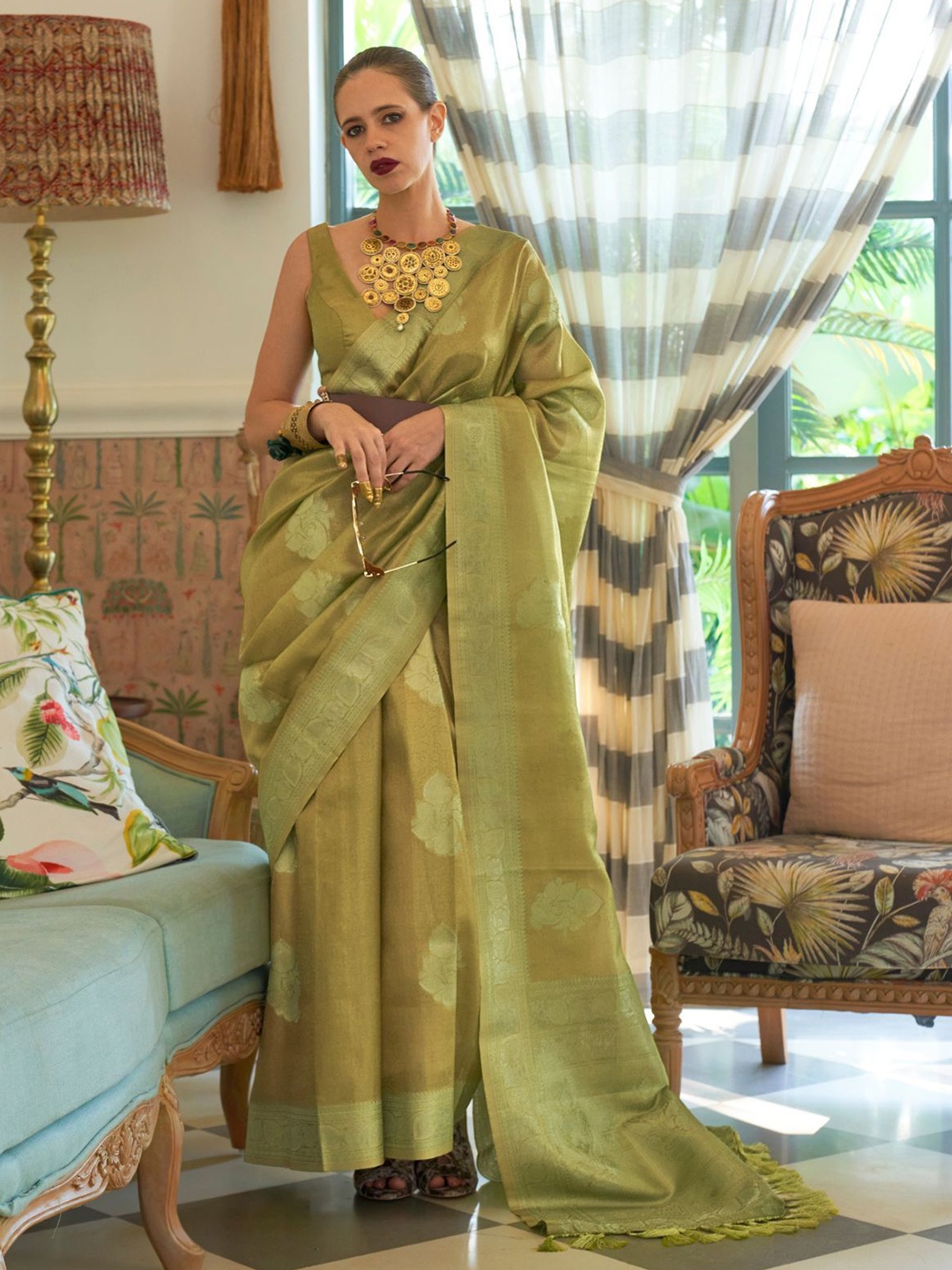 

ODETTE Woven Design Zari Satin Saree, Green