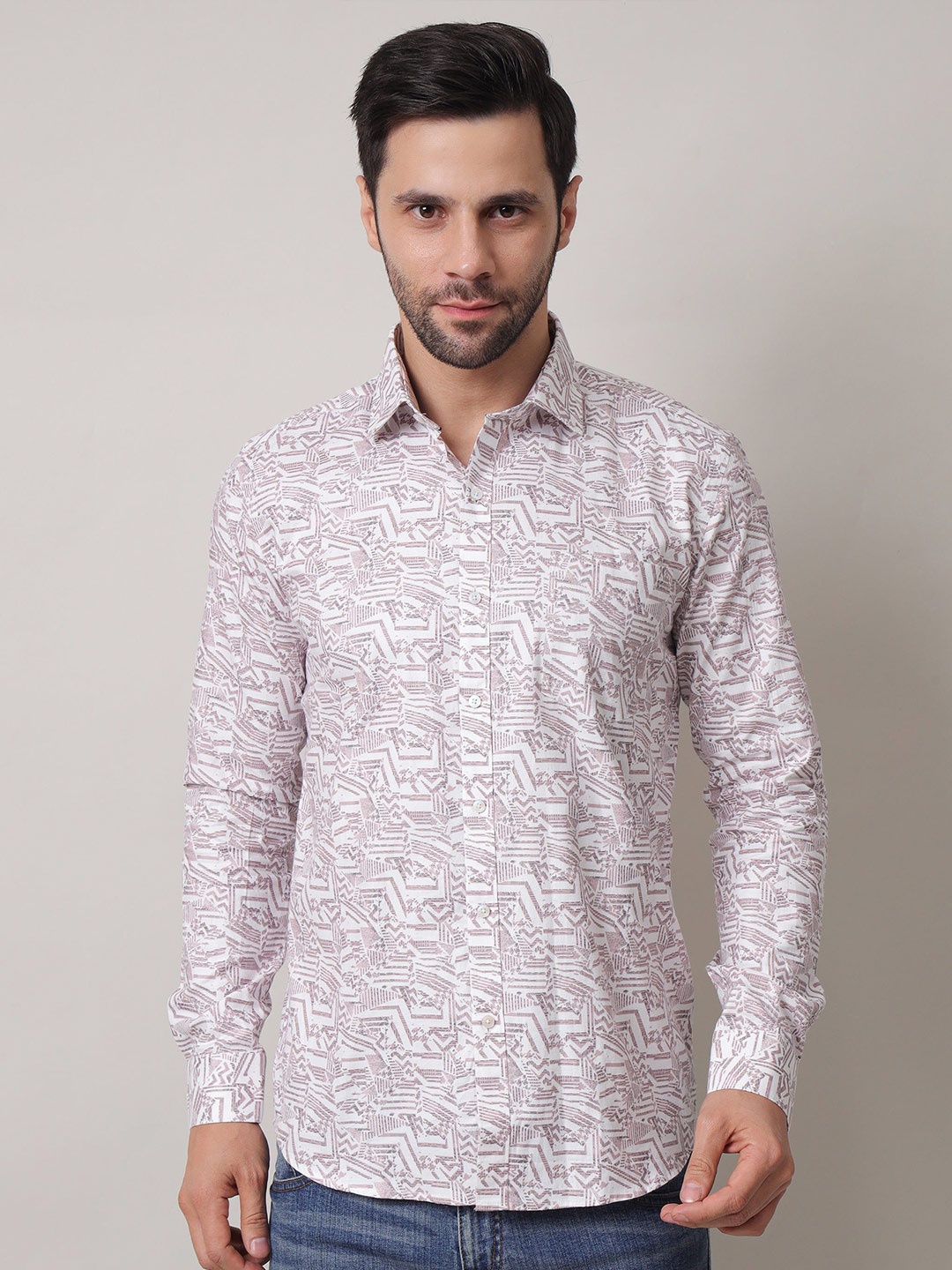

John Philips Men India Slim Spread Collar Abstract Printed Casual Shirt, White