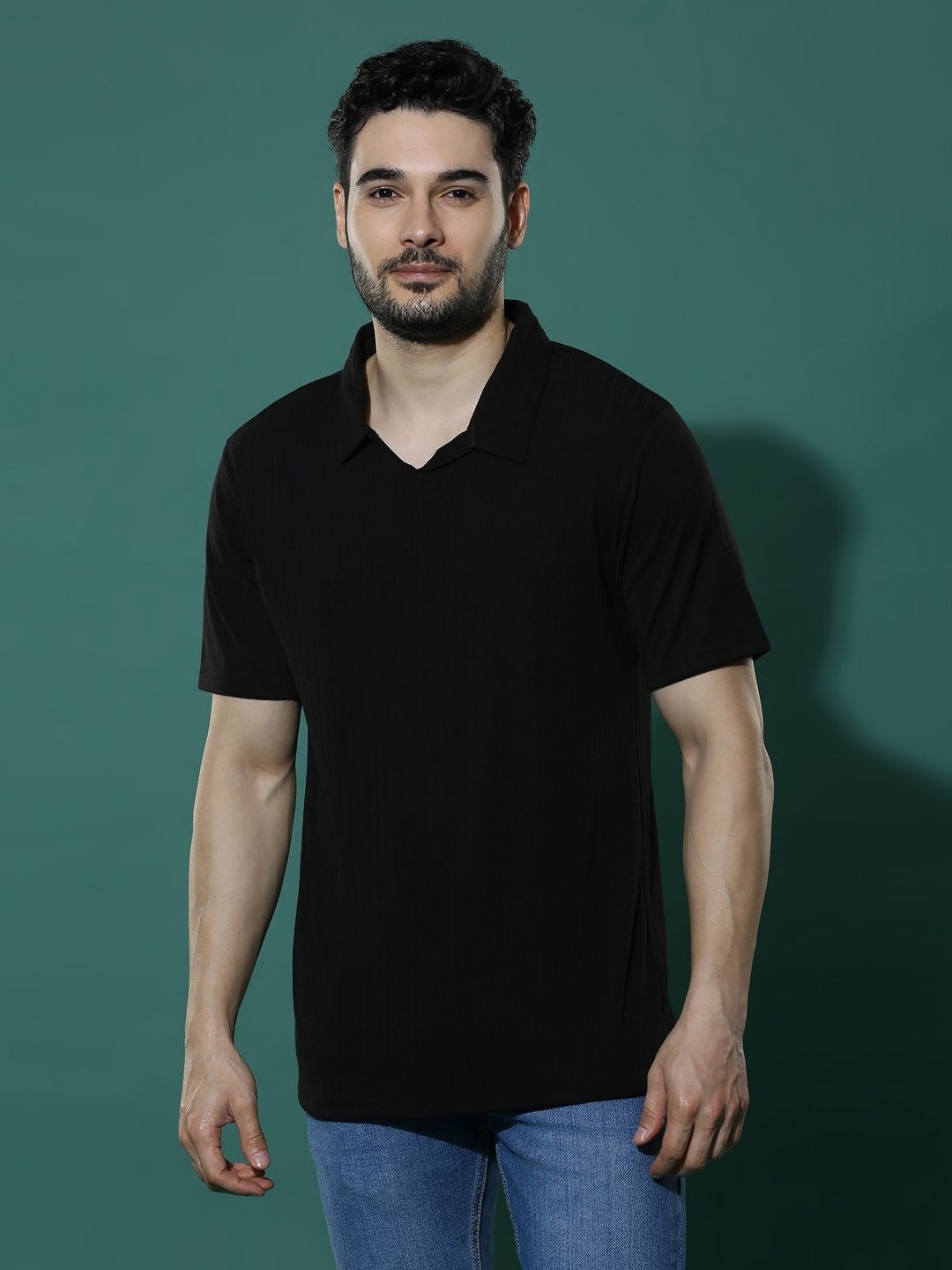

HERE&NOW Men Solid Polo Collar Cotton T-shirt, Black
