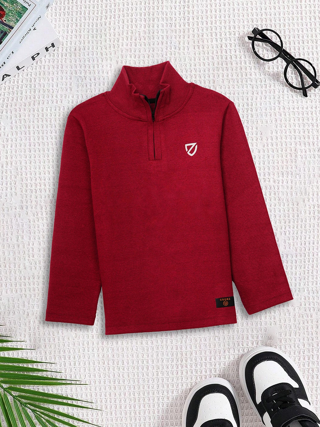 

CODEZ Boys Self Design Half Zipper HighNeck SweatShirt, Maroon