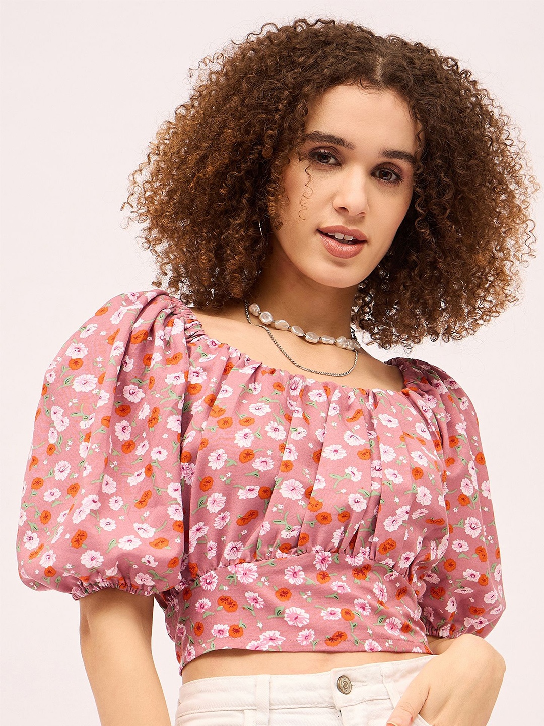 

Mayra Women Cotton Floral Printed Puff Sleeve Blouson Crop Top, Pink