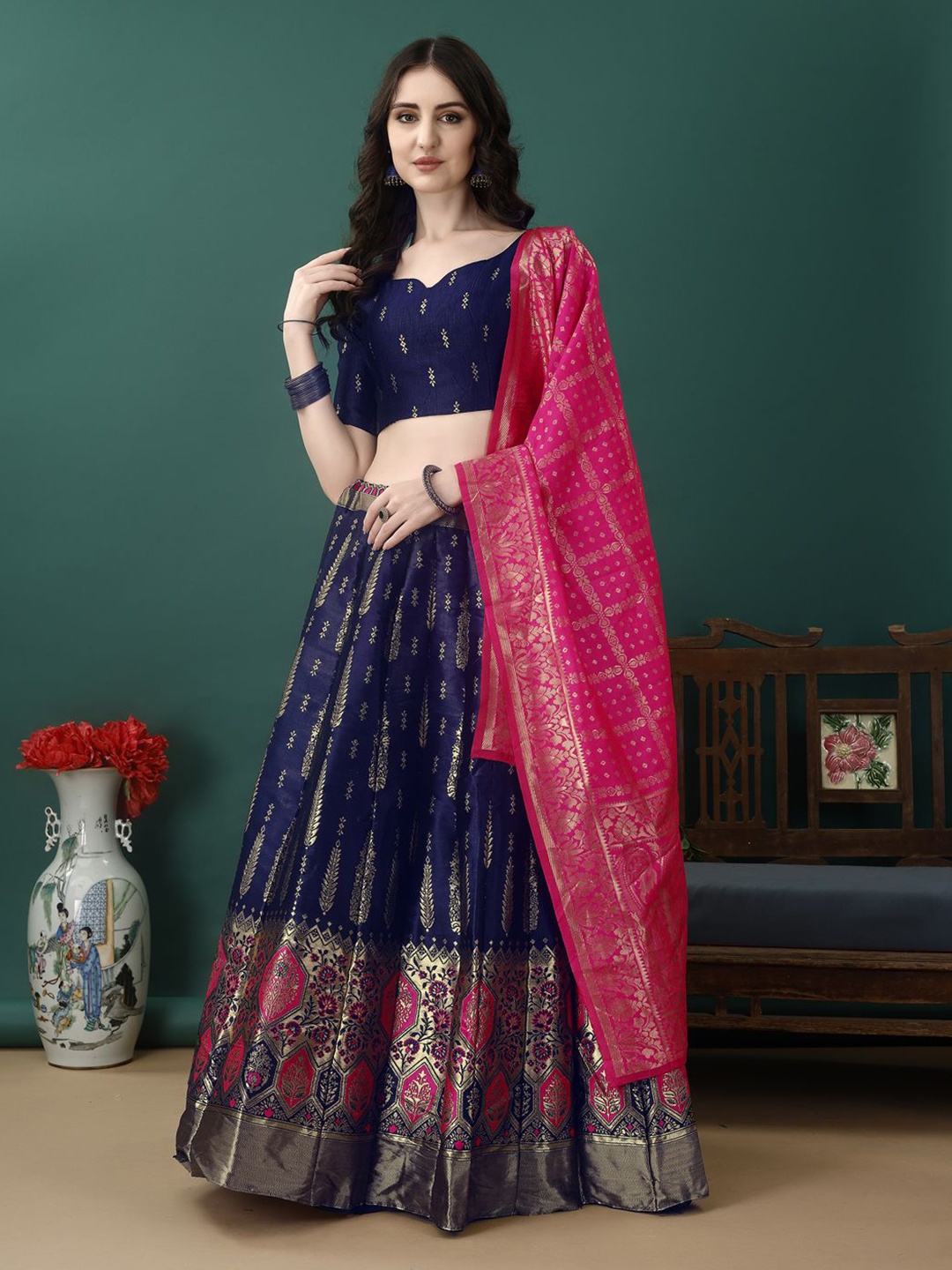 

SWAMI STUDIO Woven Design Lehenga & Unstitched Blouse With Dupatta, Navy blue