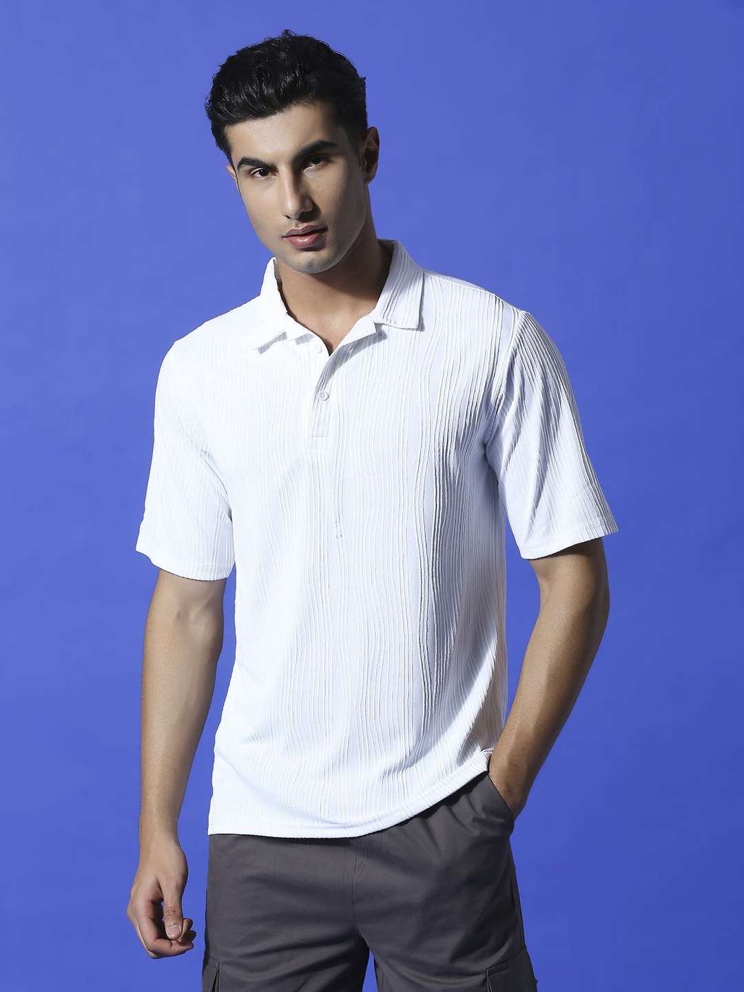 

HERE&NOW Men Self Design Polo Collar Cotton T-shirt, White