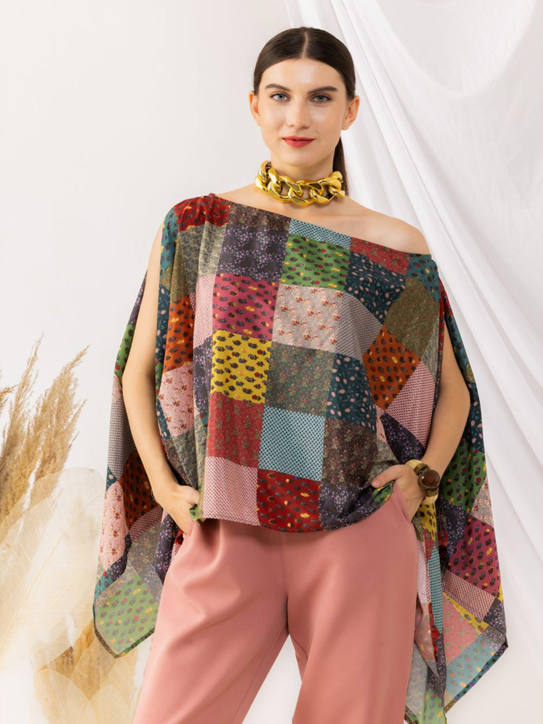 

KOVET Women Print Off-Shoulder Cape Sleeve Kaftan Top, Multi