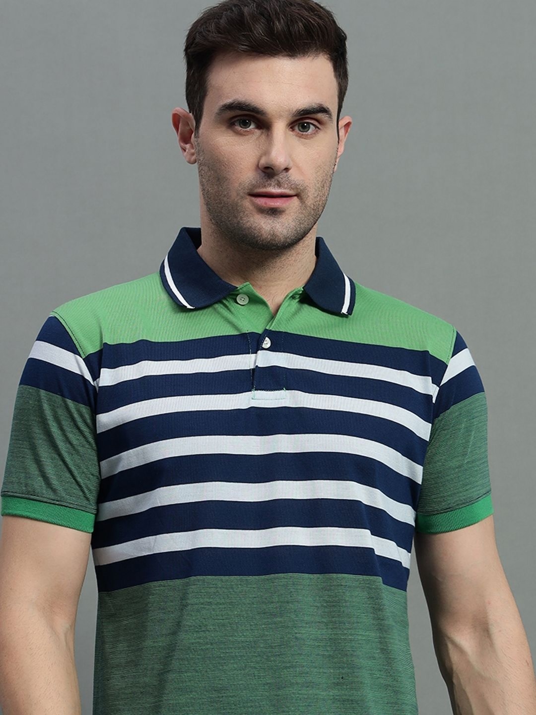 

GET GOLF Men Striped Polo Collar Cotton T-shirt, Green