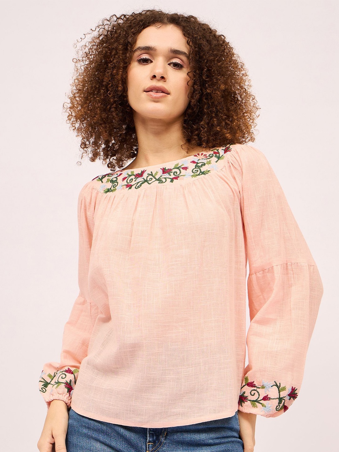 

Mayra Women Floral Embroidered Cotton Top, Pink