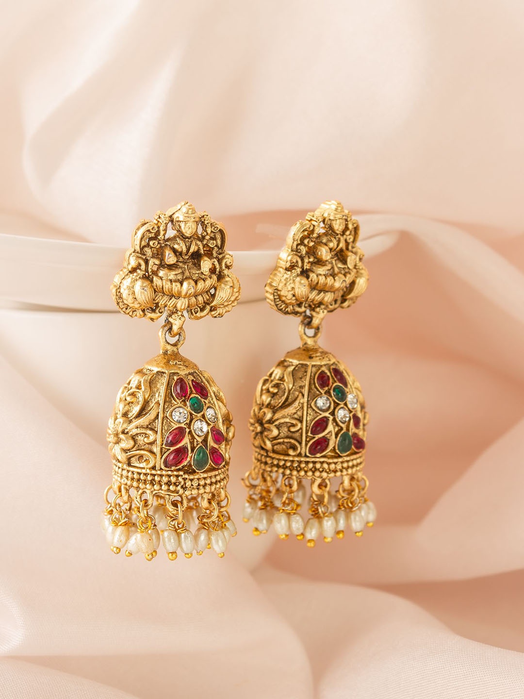 

aadita Gold Plated Beaded Dome Shaped Temple Jhumkas