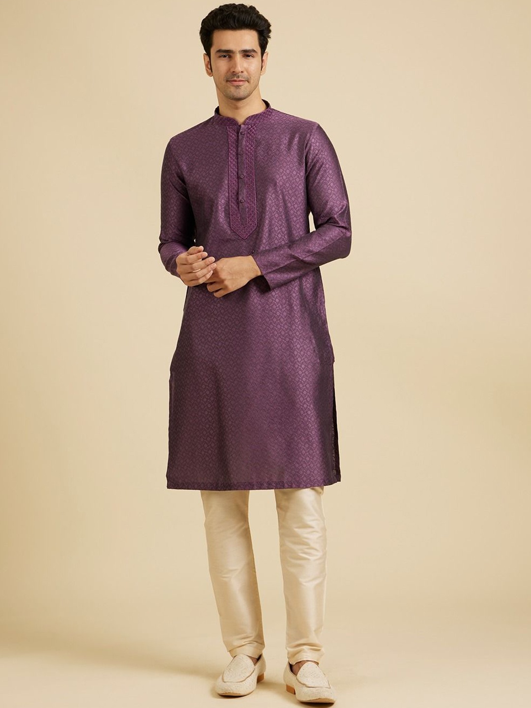 

Manyavar Woven Design Mandarin Collar Straight Kurta With Pyjamas, Purple