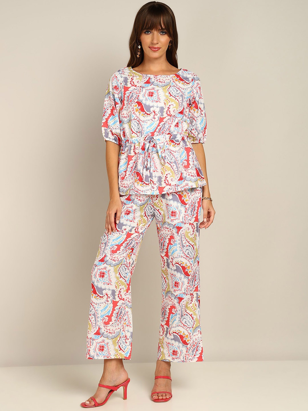 

DressBerry White and Pink Paisely Printed Top & Trousers