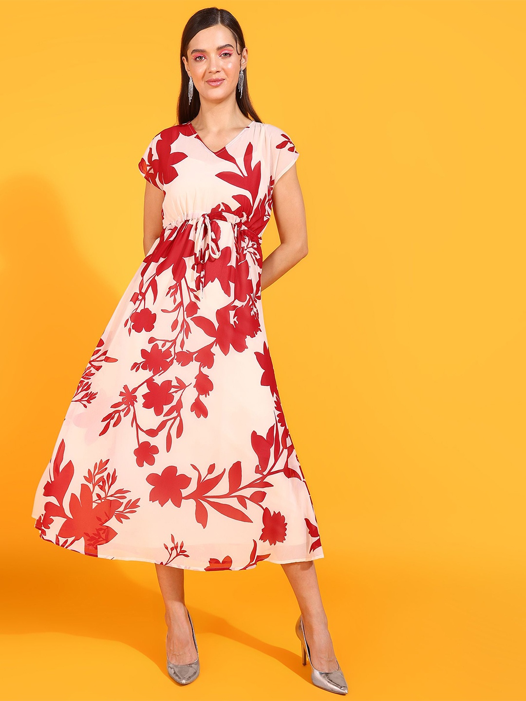 

DressBerry Women Floral Printed Tie-Ups Fit & Flare Dress, Red