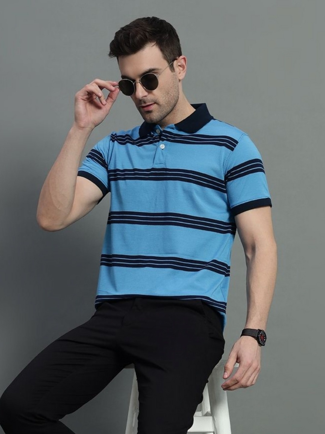 

GET GOLF Men Striped Polo Collar Cotton T-shirt, Turquoise blue