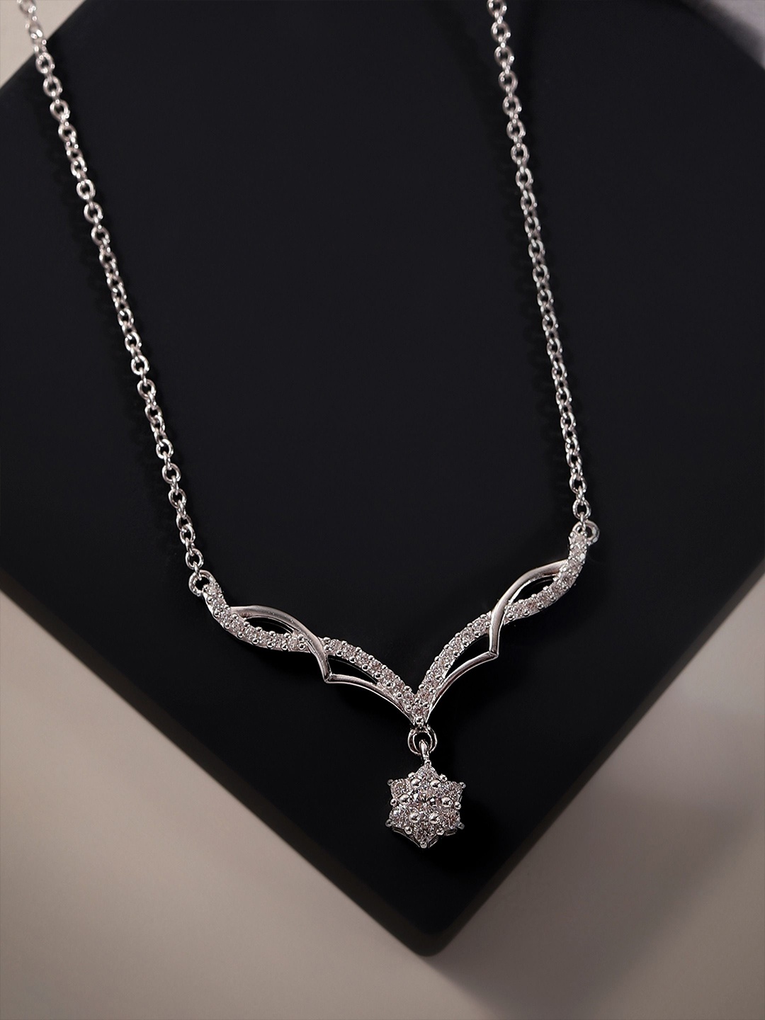 

DIAVO Sterling Silver Rhodium Cubic Zirconia Studded Plated Necklace