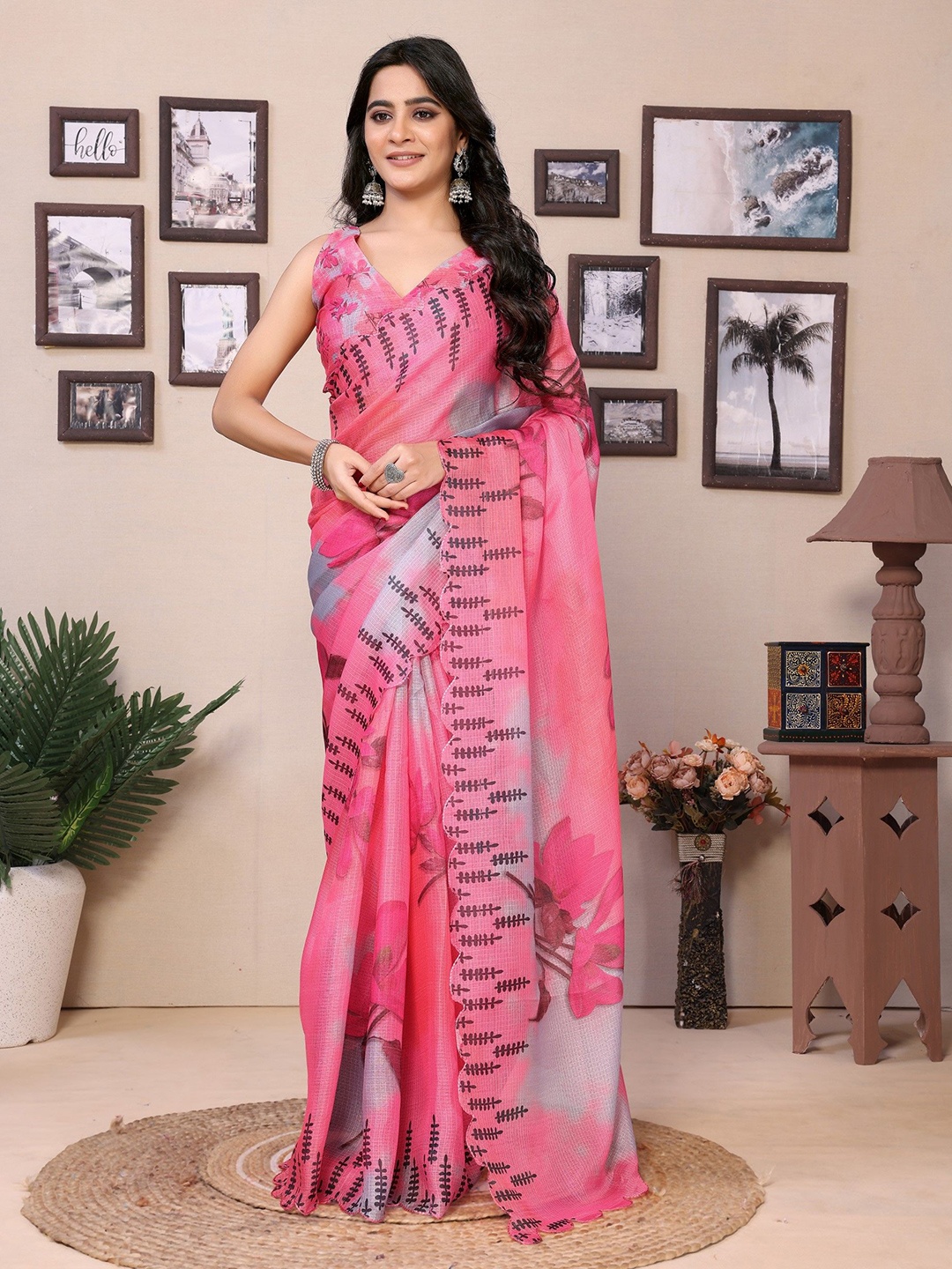 

LeeliPeeri Designer Floral Printed Cut Work Ready to Wear Saree, Pink