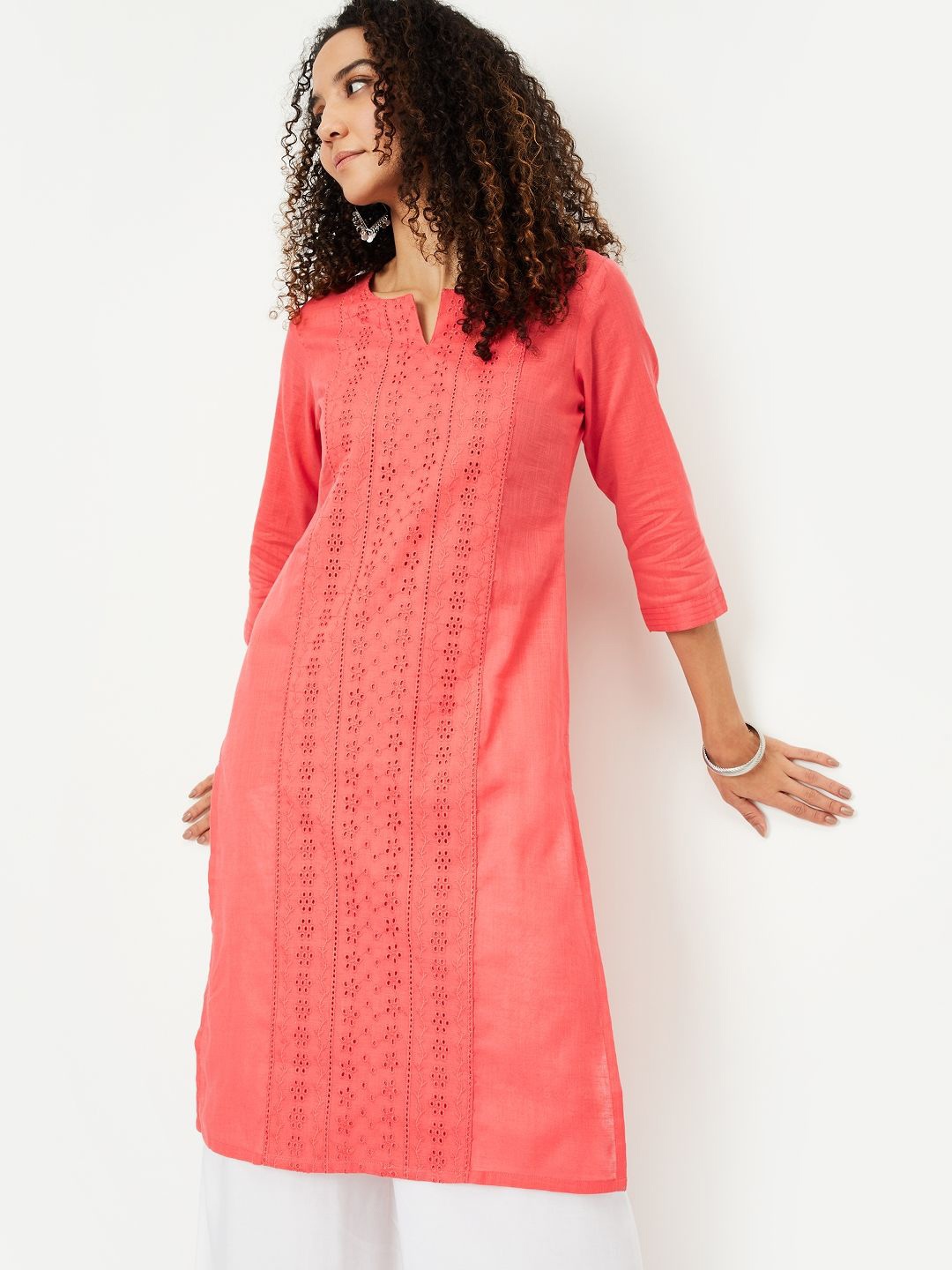

max Notch Neck Floral Woven Design Straight Cotton Kurta, Coral