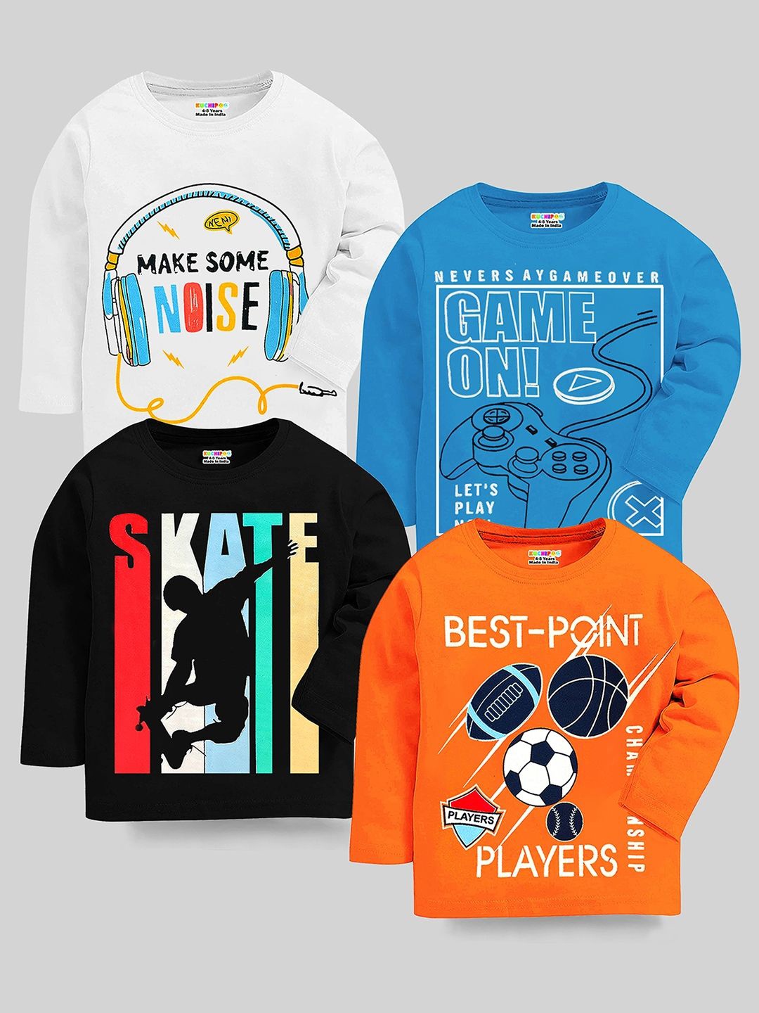 

KUCHIPOO Boys Pack Of 4 Graphic Printed Round Neck Cotton T-shirts, White