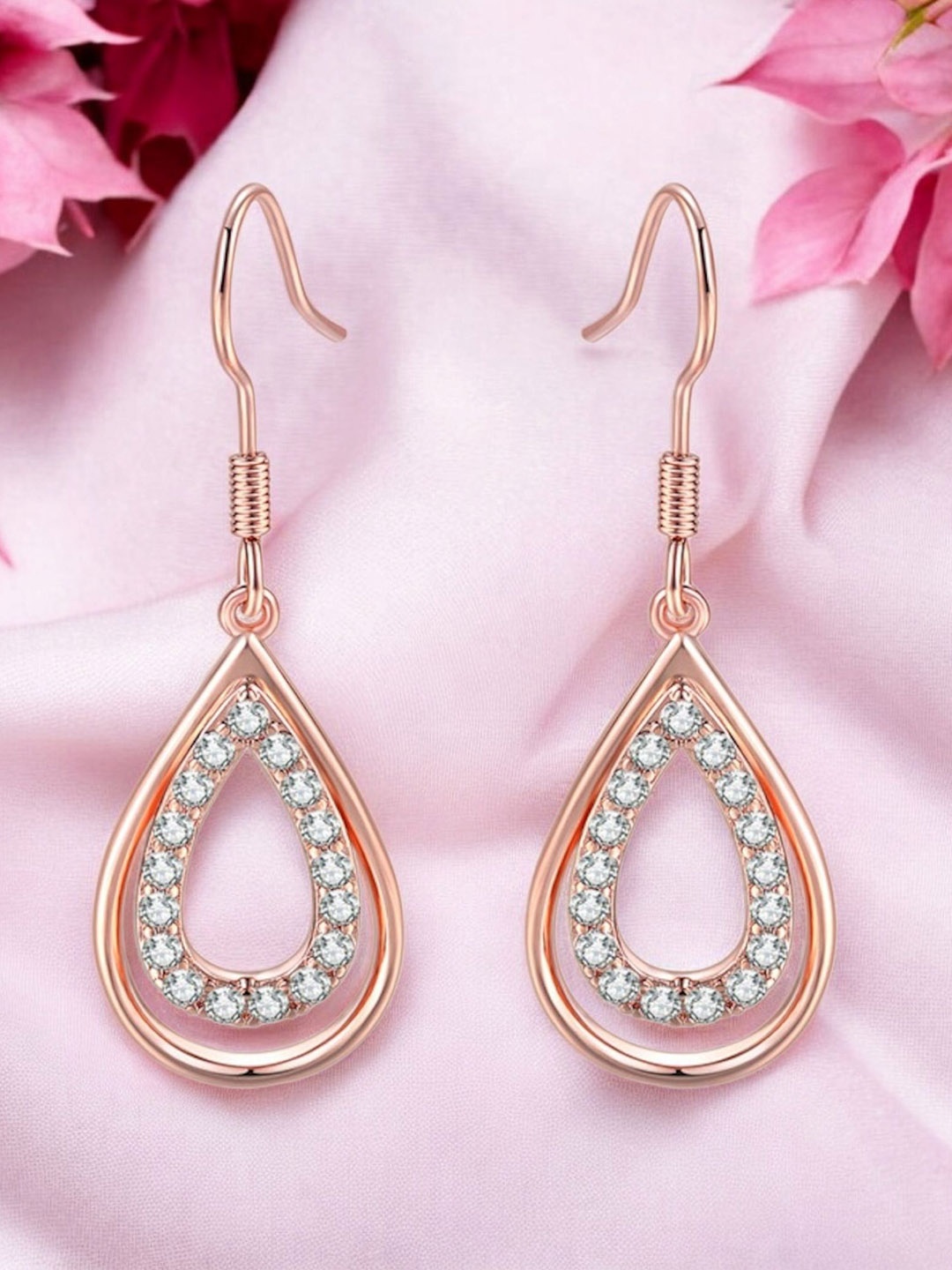 

Nilu's Collection Rose Gold-Plated CZ Studded Contemporary Drop Earrings