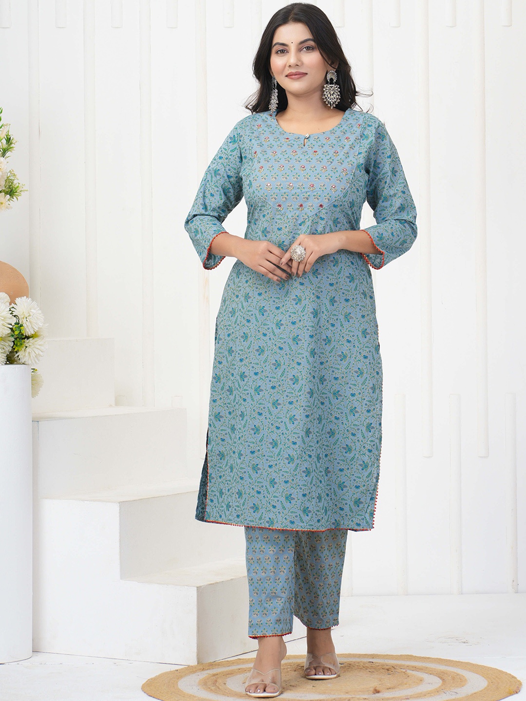 

KALINI Floral Printed Straight Kurta with Trousers, Blue