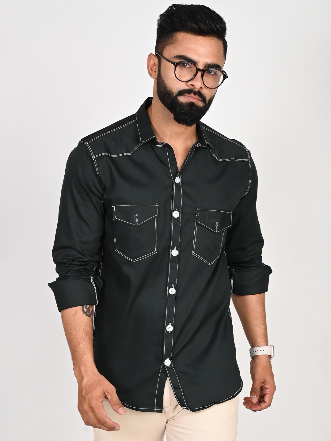 

Tanip Men Spread Collar Solid Cotton Casual Shirt, Black