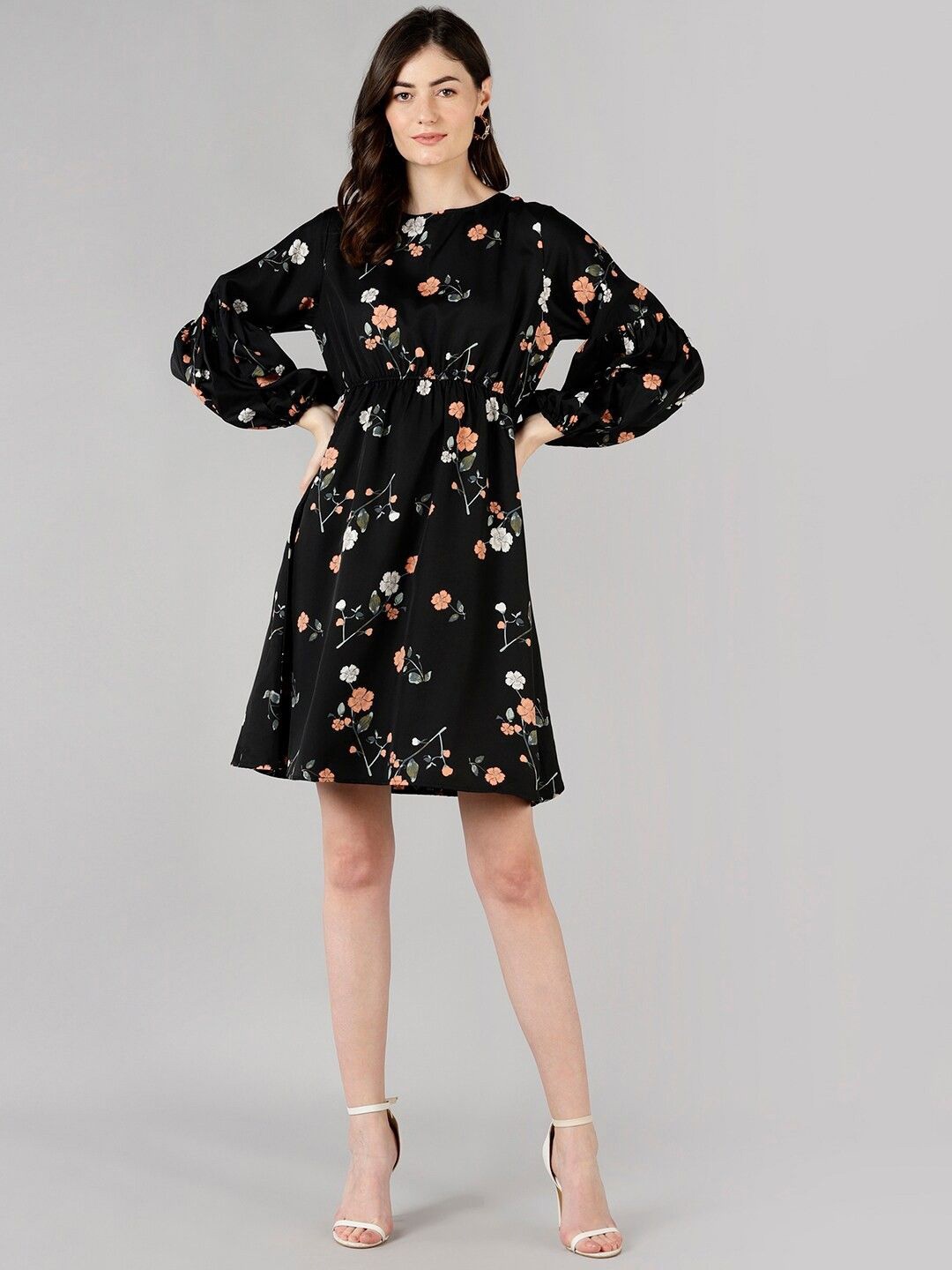 

DressBerry Women Floral Printed Puff Sleeve Fit & Flare Mini Dress, Black