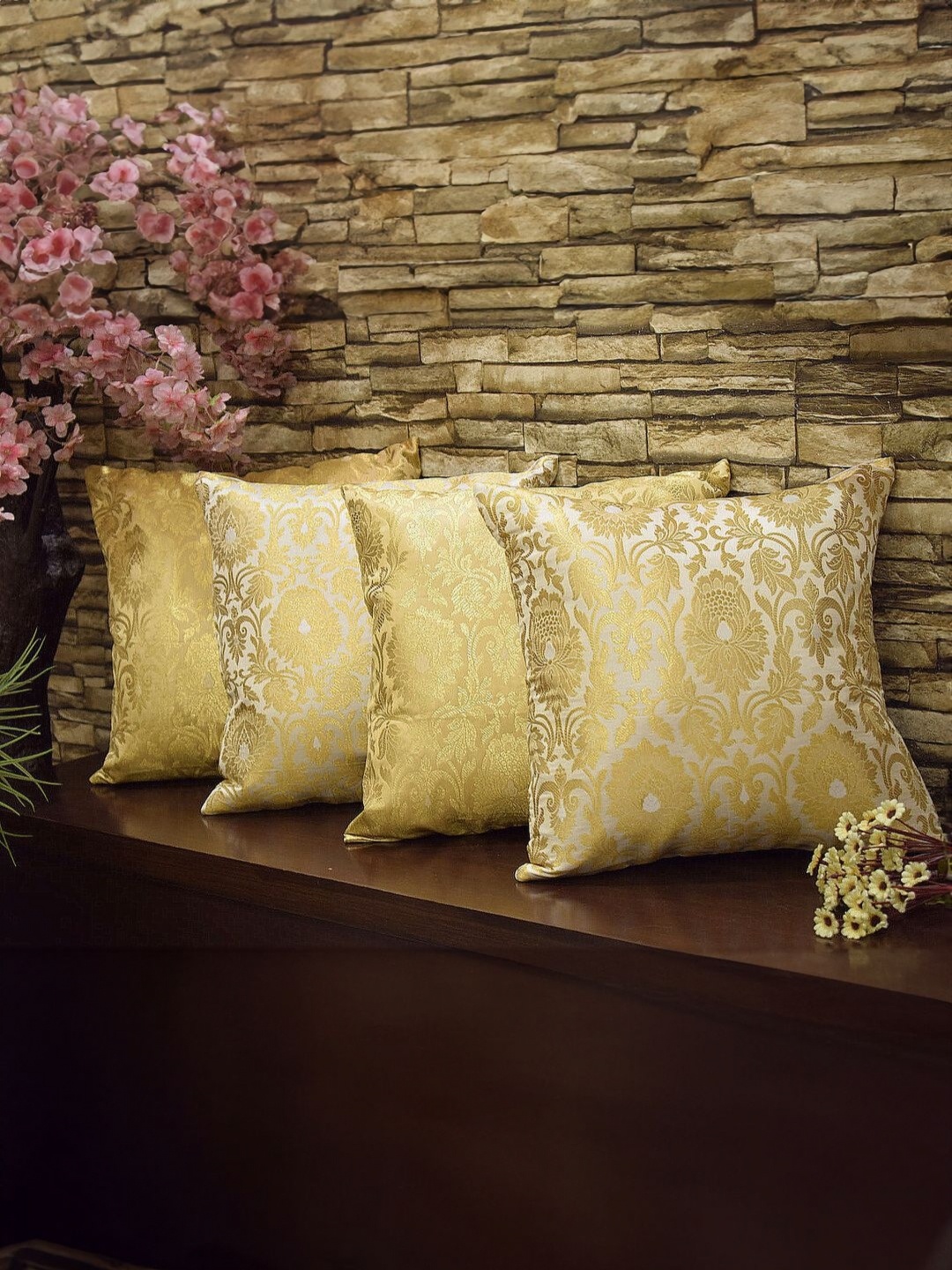 

RoyalDeco Gold Toned & Off White 4 Pieces Embroidered Brocade Silk Square Cushion Covers