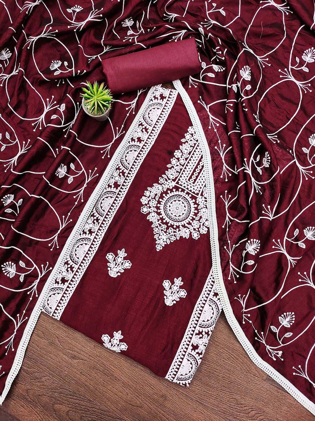 

JULEE Embroidered Pure Silk Unstitched Dress Material, Maroon