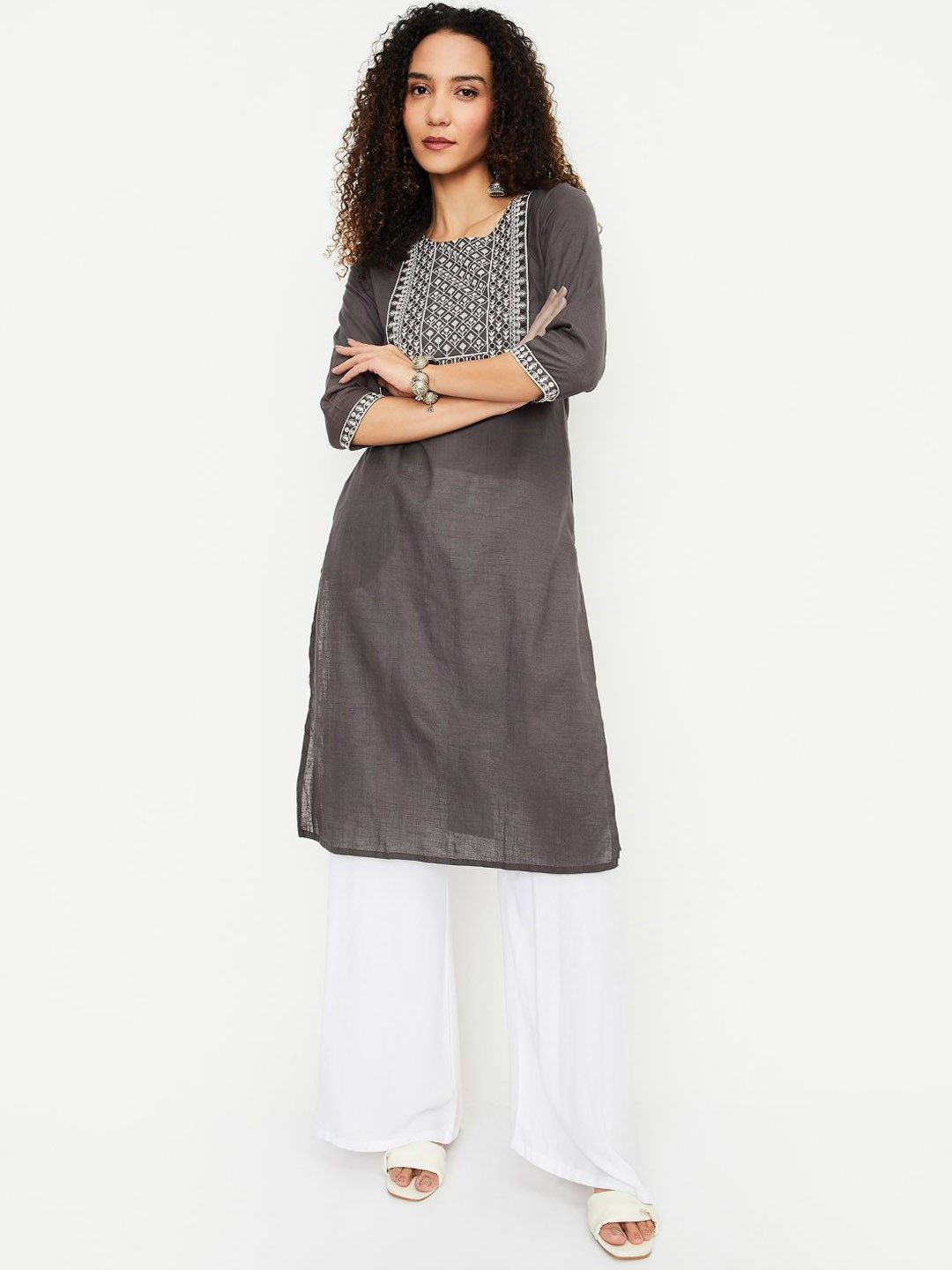 

max Floral Embroidered Round Neck Sequinned Pure Cotton Straight Kurta, Grey