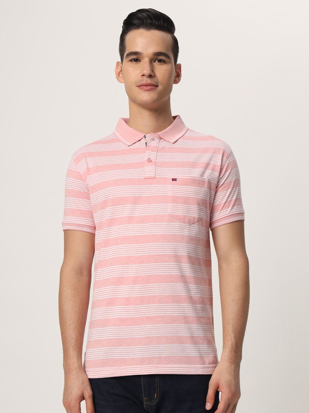 

TAB91 Men Striped Polo Collar Cotton T-shirt, Pink