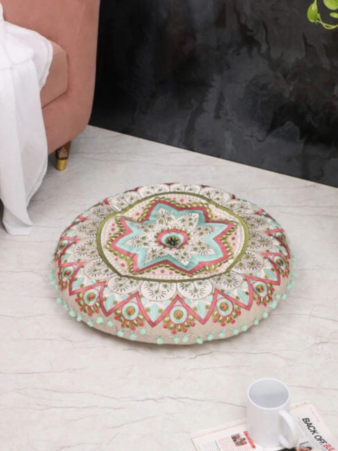 

Decoghar Beige & Pink Printed Embroidered Cotton Floor Cushion