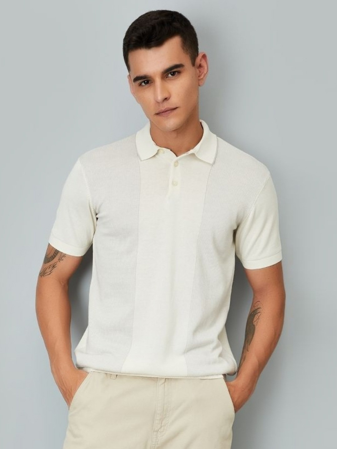 

max Men Self Design Polo Collar Cotton T-shirt, Off white