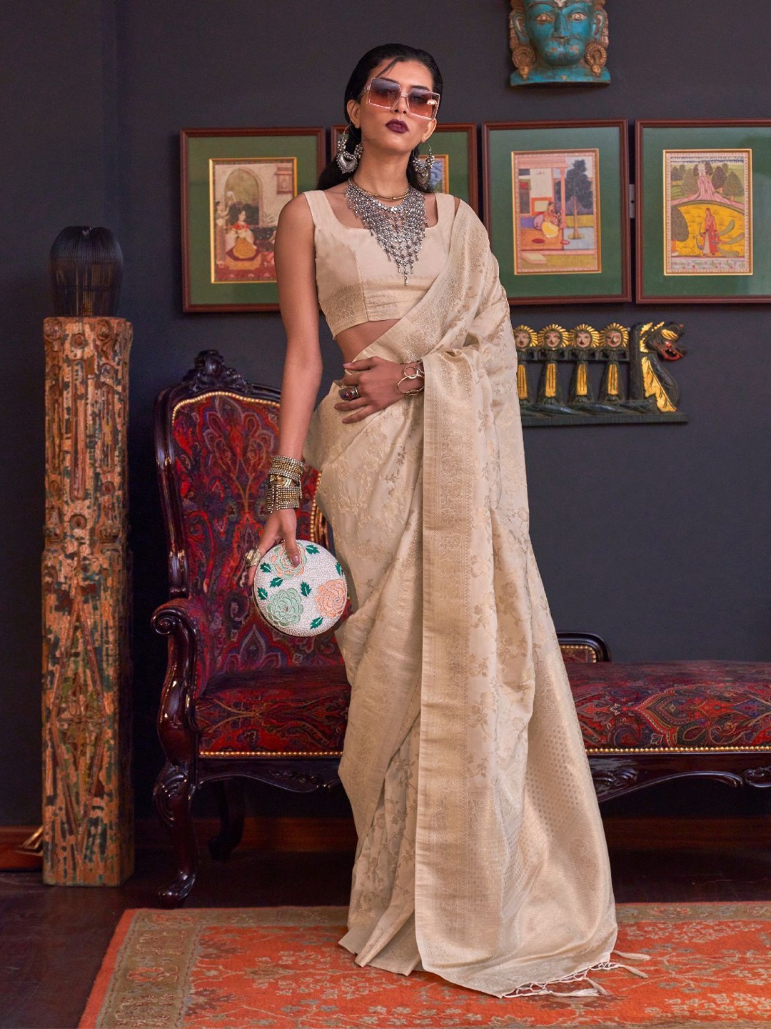 

ODETTE Woven Design Zari Saree, Off white