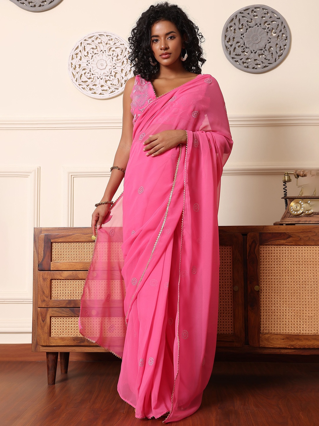 

KAANCHIE NANGGIA Embellished Embroidered Pure Georgette Ready to Wear Saree, Pink