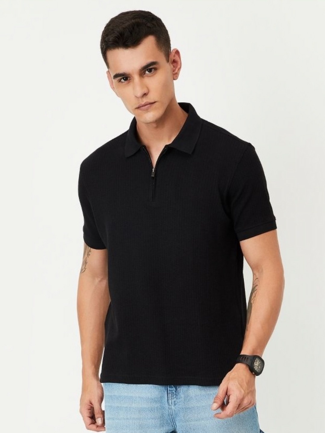 

max Men Self Design Polo Collar Cotton T-shirt, Black