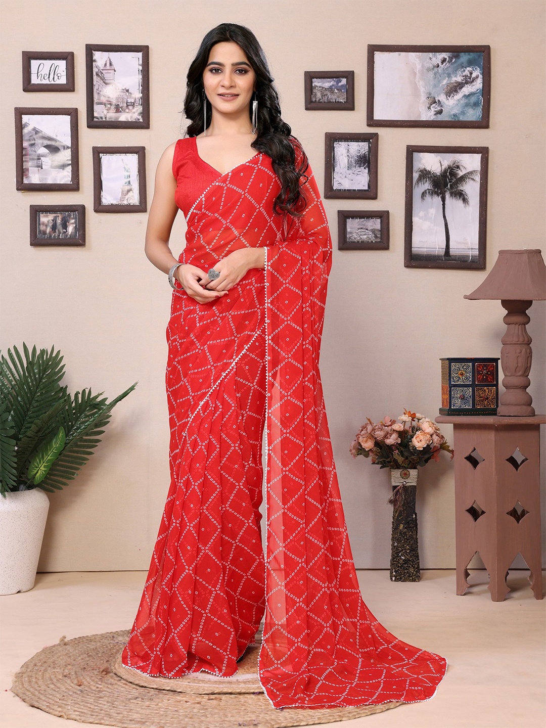 

LeeliPeeri Designer Bandhani Printed Embellished Pure Georgette Ready To Wear Saree, Red