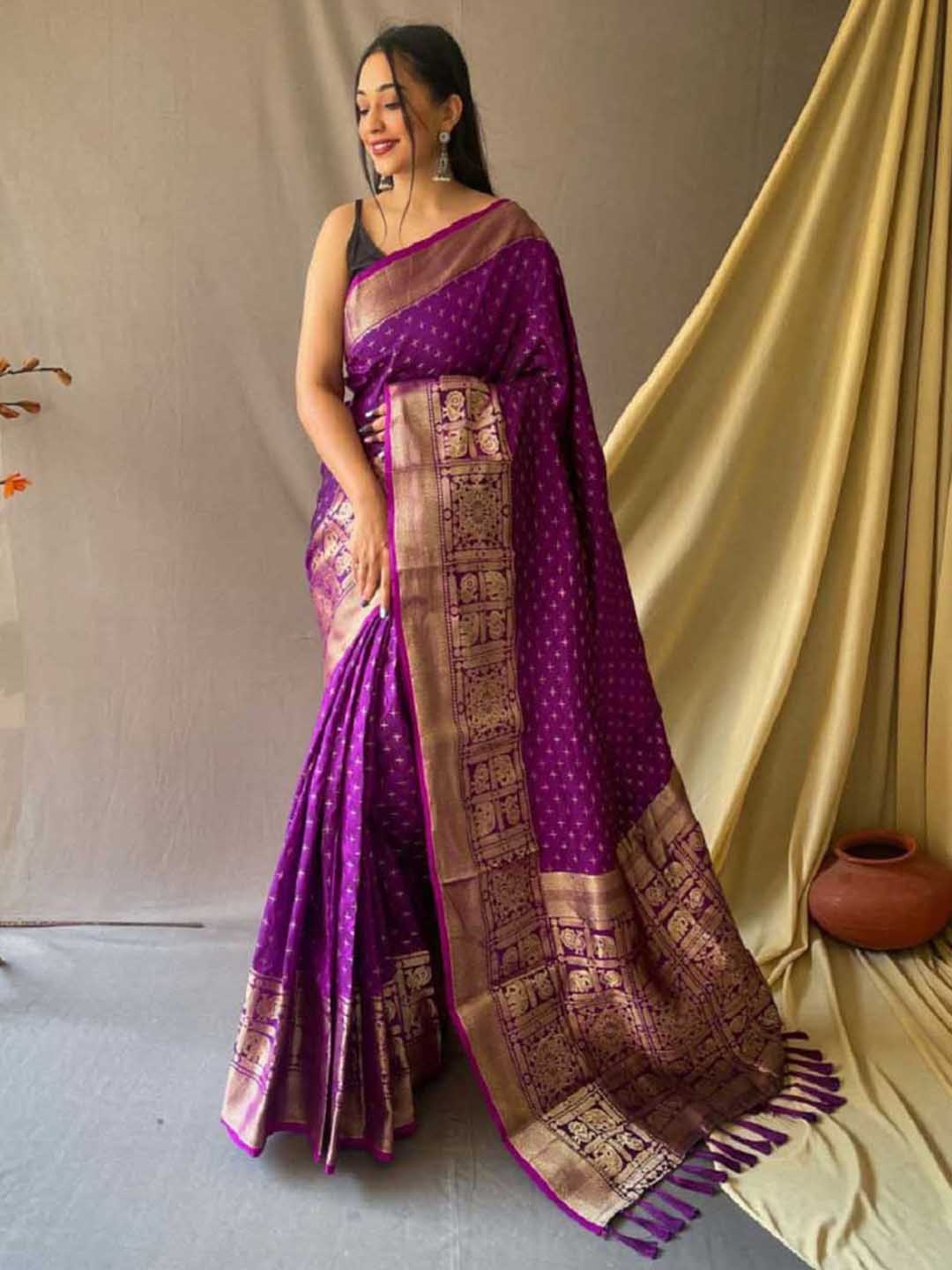

SHOBHA SAREES Woven Design Zari Pure Silk Kanjeevaram Saree, Purple