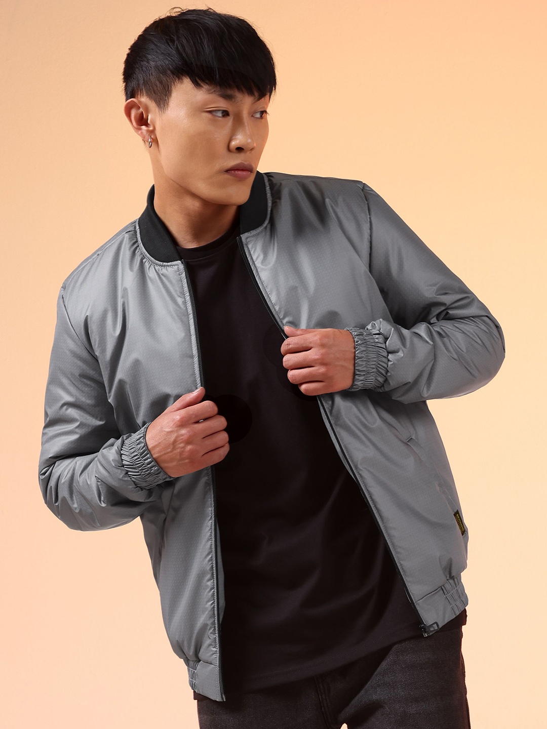 

Beyoung Men Stand Collar Solid Casual Bomber Jacket, Grey