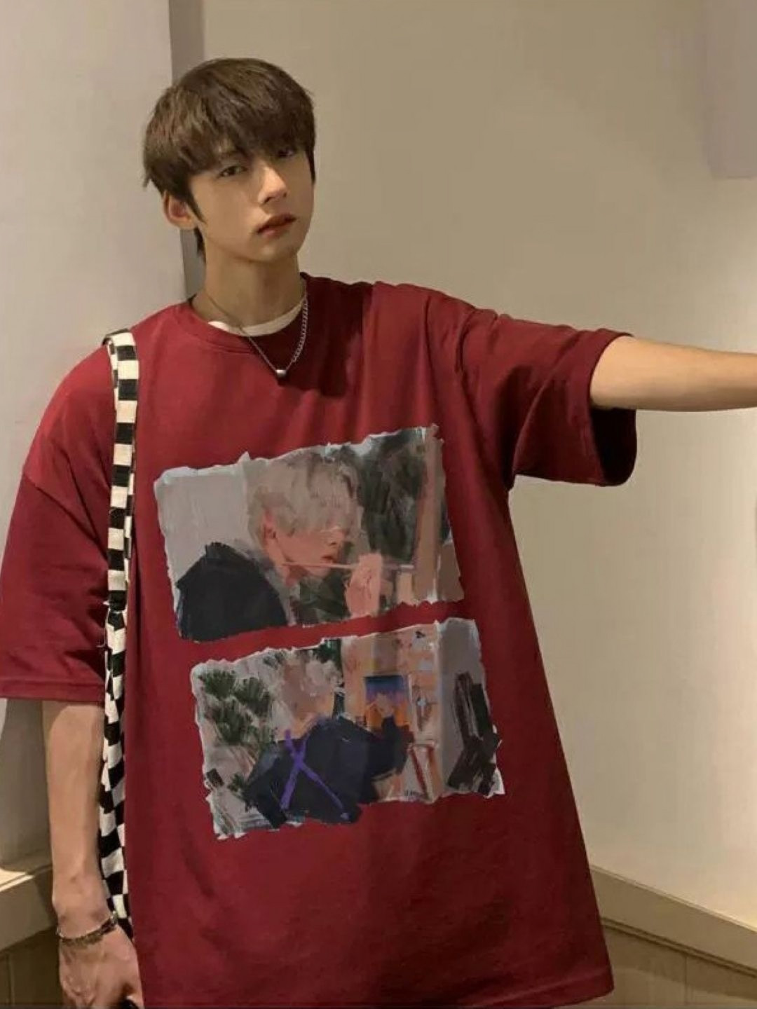 

HERE&NOW Men Graphic Printed Round Neck Cotton Oversized T-shirt, Red