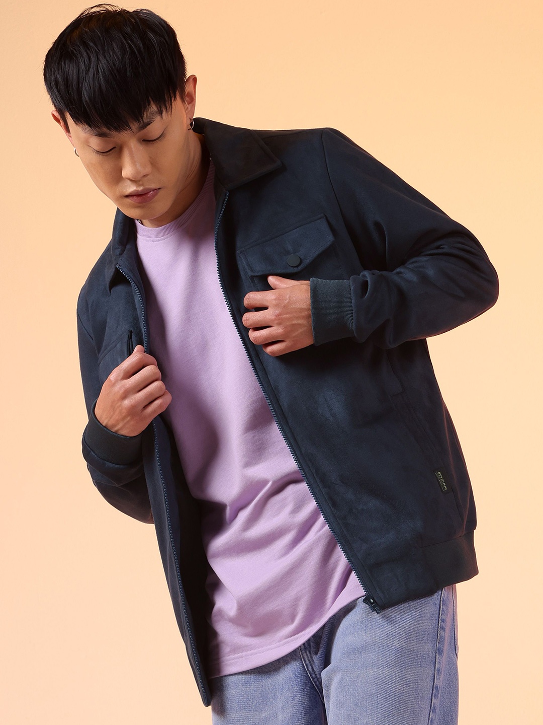 

Beyoung Men Spread Collar Solid Casual Bomber Jacket, Navy blue